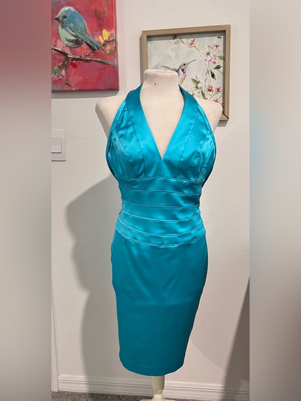 Cache Turquoise Satin Halter Sheath Dress